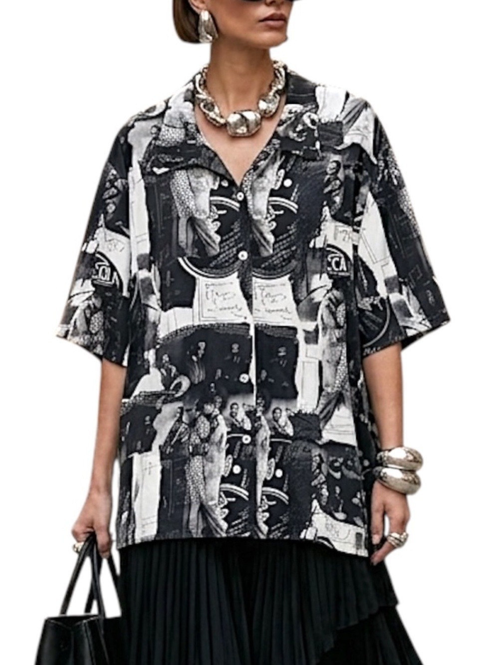 Vintage 90s black white jazz print boxy oversized short sleeve top blouse 20